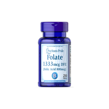 A blue bottle of Puritan's Pride Folate 1333 mcg (800 mcg folic acid), with 250 tablets, provides vitamin B9 to support child development.